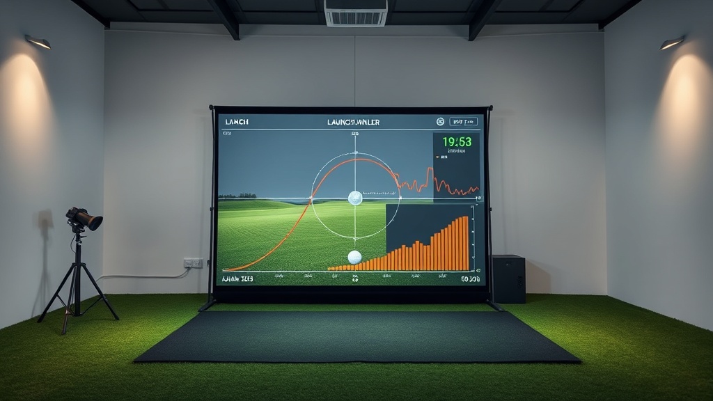 실내 골프 스튜디오에서 론치 모니터 화면에 표시된 공의 비행 궤적과 런칭 앵글 데이터